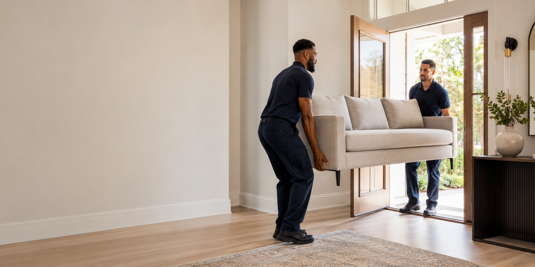 Professional movers carefully carrying a sofa into a home